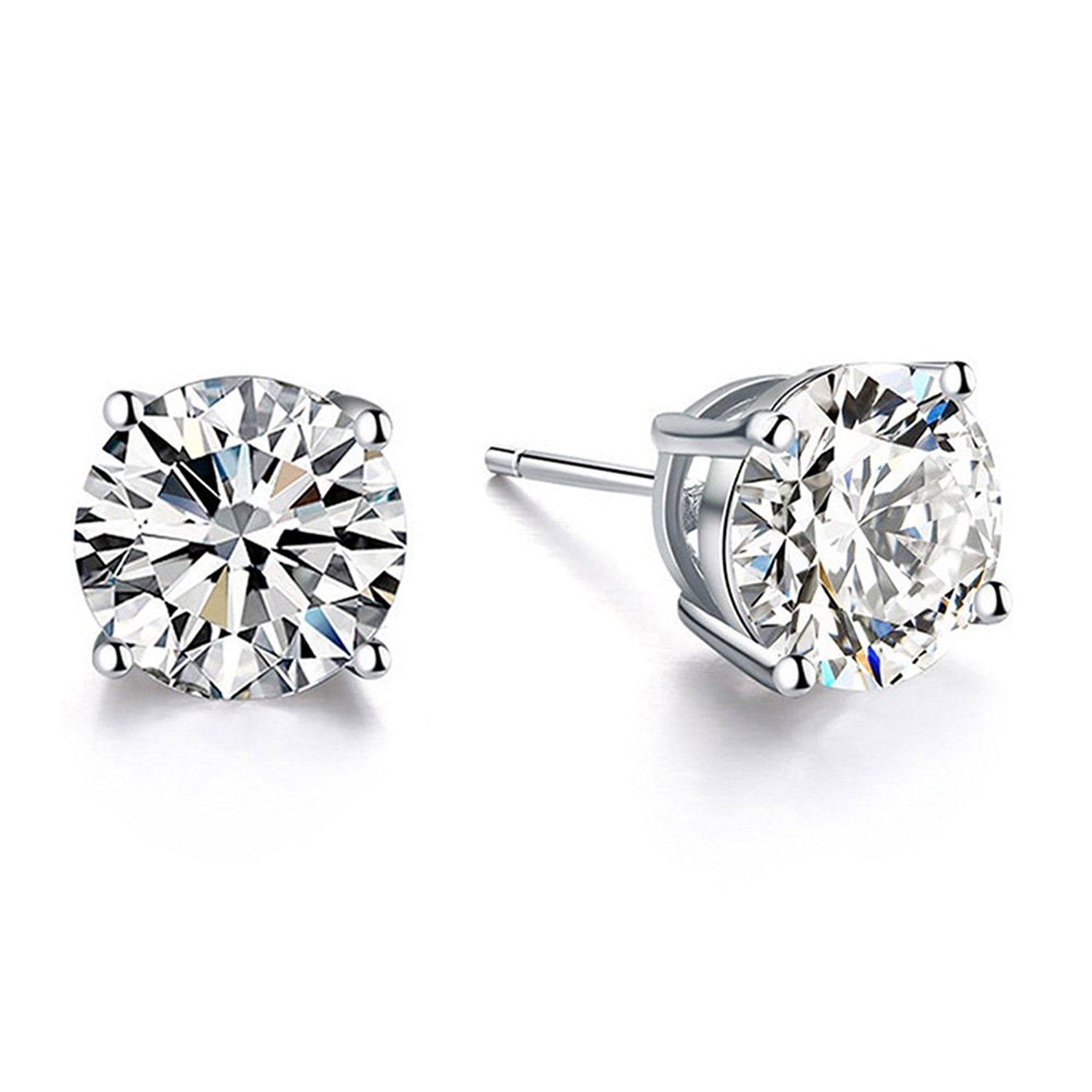 18K White Gold Plated Hypoallergenic CZ Studs Earrings, 925 Sterling Silver Cubic Zirconia Earrings, Simulated Diamond Stud Earrings Jewellery for Her Women (6mm White Gold Plated) — image 1