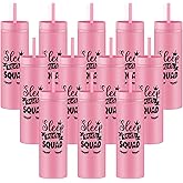 FoldTier 12 Pcs Sleepover Party Supplies for Girl 16oz Pink Skinny Tumblers with Lids and Straws Bulk Spa Squad Slumber Plastic Cups Reusable Coffee Party for Birthday Decoration Gift Favor