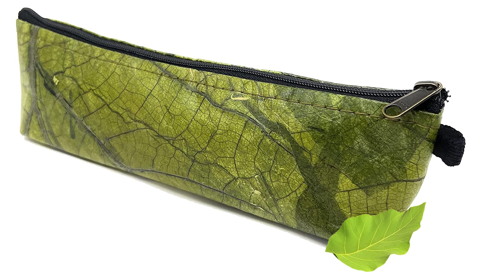 NELUHA Small Pencil Case made of Teak Leaves, Vegan Sustainable Leather Alternative - Pencil Case, Cosmetic Bag, Pen Bag, Makeup Bag, Green, Pencil case