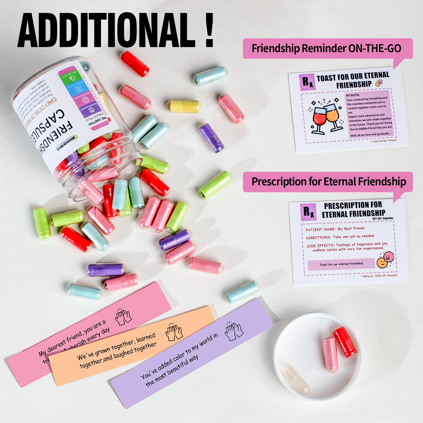 HIONXMGA 60PCS Pre-Written Friendship Messages in a Bottle, Cute Capsule Notes for Long Distance BFF Moving Away Gifts, Unique Bestfriend Birthday Gifts for Women Sister Bestie