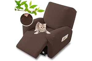 XINEAGE 4-Piece Recliner Cover Stretch Jacquard Slipcover with Pocket, Washable Recliner Chair Protector for Kids, Pets, Dogs, Cats (Coffee)