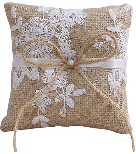 Coussin Pour Alliances Mariage En Dentelle Perlée – Support Romantique Pour Cérémonie, Fait Main Avec Nœud Décoratif