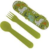 Nuby Toddler Utensils with Travel Case – Self-Feeding Fork & Spoon Set for Kids, Easy-to-Hold Training Utensils with Rounded Safe Edges, Bright Colors & Fun Patterns for Independent Mealtime, Dinosaur