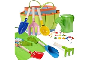 Qtioucp Kids Gardening Set 14Pcs Gardening Tools for Kids with Tote Bag,Watering Can, Shovel, Apron, Garden Book and More Educational STEM Learning Outdoor Indoor for Toddlers Kids Boys Girls