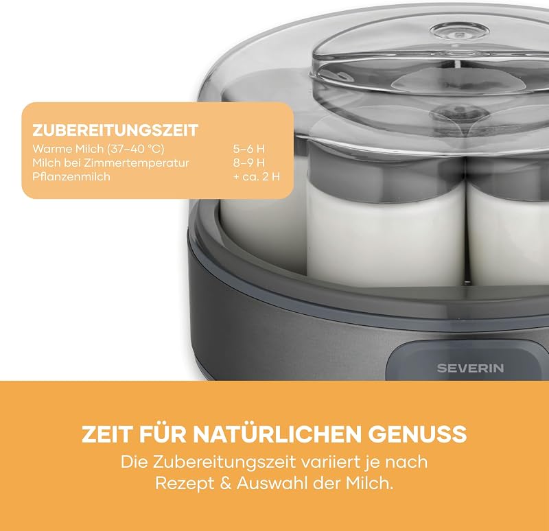 Joghurtbereiter, griechischer Art, inkl. 7 Joghurtgläser á 150ml für 1L selbstgemachten Joghurt, transparenter Deckel, Joghurt-Maschine für zuhause, Kippschalter, 18W, dark inox, JG 3510