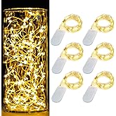 6 Pack 7Ft Starry Fairy String Lights No Remote Waterproof 20LED Warm White | Micro Starry LEDs,Waterproof Silver Wire,CR2032