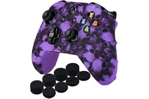 YoRHa Water Transfer Printing Skull Silicone Cover Skin Case for Microsoft Xbox One X & Xbox One S Controller x 1(Purple) with PRO Thumb Grips x 8