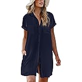 AI'MAGE Womens Bathing Suit Cover Ups Summer Shirt Dress Casual Short Sleeve Button Down Beach Shirts with Pockets S-XXL