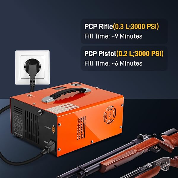 GOYOJO PCP AIR COMPRESSOR, MAX 4500 PSI / 300 BAR, FAST FILL FOR AIRGUNS OR PAINTBALL TANK, AUTO SHUT-OFF, DUAL POWER CAR 12V DC OR HOME 120V AC, BUILT-IN COOLING FAN, 300W PORTABLE PCP PUMP