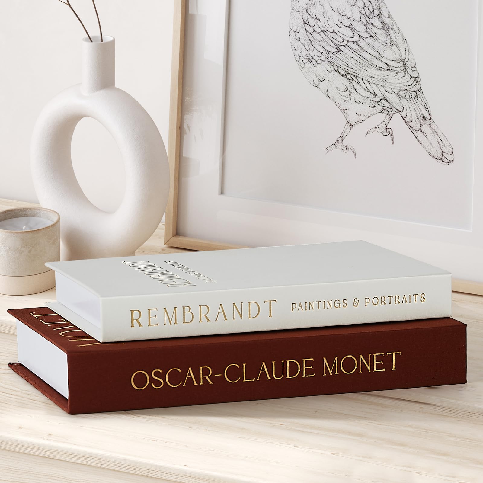 Photo 1 of Decorative Books Set of 2, Beautiful Linen Boxes Decor Coffee Table Bookshelf or Mantle, Aesthetic Fake Books for Modern Home Decoration, Keepsake Photo Storage Box