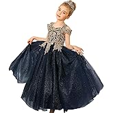 Formal Girls Tulle Long Pageant Dresses Prom Ball Gown Gold Lace Beaded