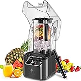 Commercial Blender for Smoothies 2200W with Soundproof Cover, 2200 ML, 15 Speeds, 6-leaves Stainless Steel Blade,Heavy Duty Blender for Restaurant,Ice Crush,Shakes, 9.5"D x 9"W x 19.7"H (Grey)