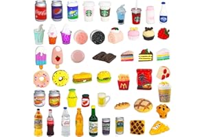HSJH 50 Pcs Miniature Food Drink Bottles Soda Pop Cans Pretend Play Kitchen Game Party Accessories Toys Hamburg Cake Ice Cream for 1/12 Doll House (25Food+25Drink)