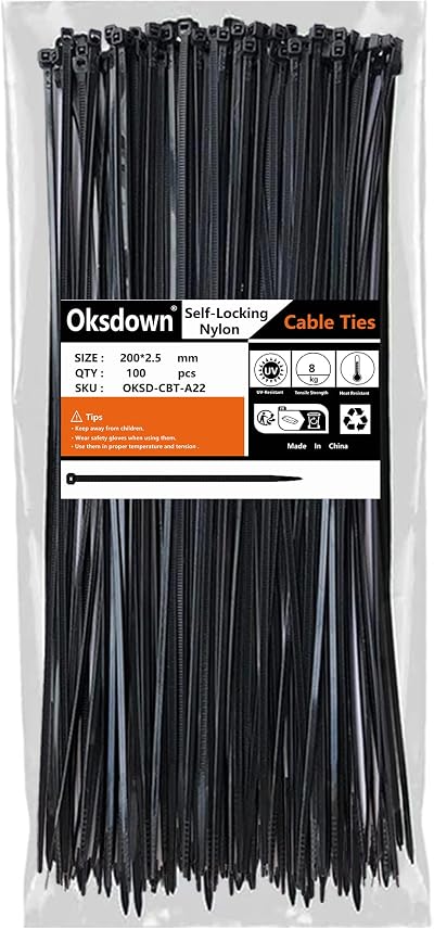 Oksdown 100 Pack Black Cable Ties 200mm 2.5mm Nylon Premium Self Locking