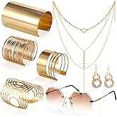 Suwimut 7 Pieces 70s Disco Accessories for Women, 1970s Disco Costume Accessory with Diamond Sunglasses Gold Coil Bracelets Layered Choker Necklace Triple Swirl Earrings for Party Halloween Cosplay