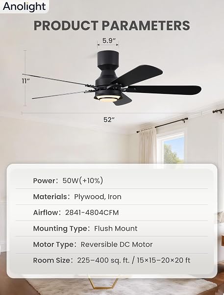ANOLIGHT 52 INCH CEILING FAN WITH LIGHT, FLUSH MOUNT LOW PROFILE, REMOTE & APP CONTROL, QUIET 6-SPEED REVERSIBLE MOTOR, DIMMABLE LED WITH 3CCT, CEILING FAN FOR BEDROOM, LIVING ROOM, APARTMENT, BLACK