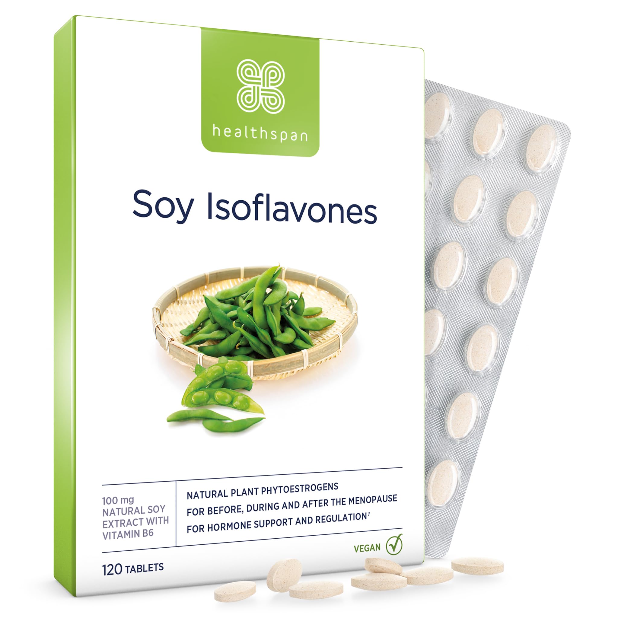 Healthspan Soy Isoflavones Hormone Balance 100mg | with Vitamin B6 | Regulate Hormonal Activity | Natural Plant Oestrogen | 40% Isoflavone Content | Soy Germ Extract | Vegan (120 Tablets)