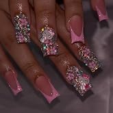 PDFADSK Pink Glitter French Tip Press on Nails Medium Square Fake Nails Glossy Rhinestones Full Cover Coffin False Nail with Rhinestones Charms Design Acrylic Nail for Women 24Pcs