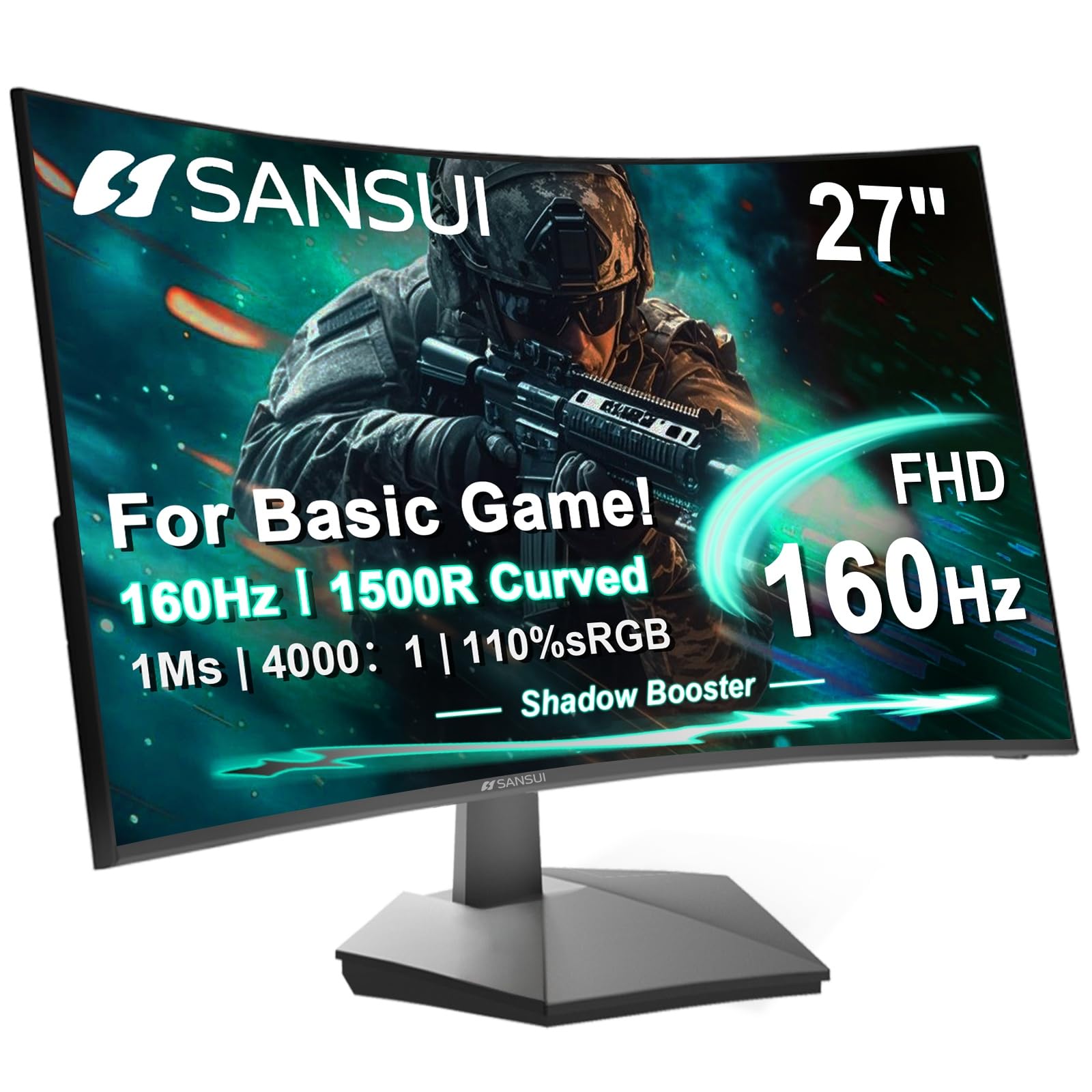 Photo 1 of ** FOR PARTS ONLY/ MONITOR IS CRACKED / MISSING ASSEMBLY PIECES (POWER COERD** SANSUI 27 Inch Curved 160Hz Gaming Monitor, 1500R Curved Computer Gaming Monitor FHD 1080P, 4000:1, 110% sRGB, FPS/RTS, 1Ms MPRT|FreeSync|HDR|Low Blue Light|HDMI DP| VESA Suppo