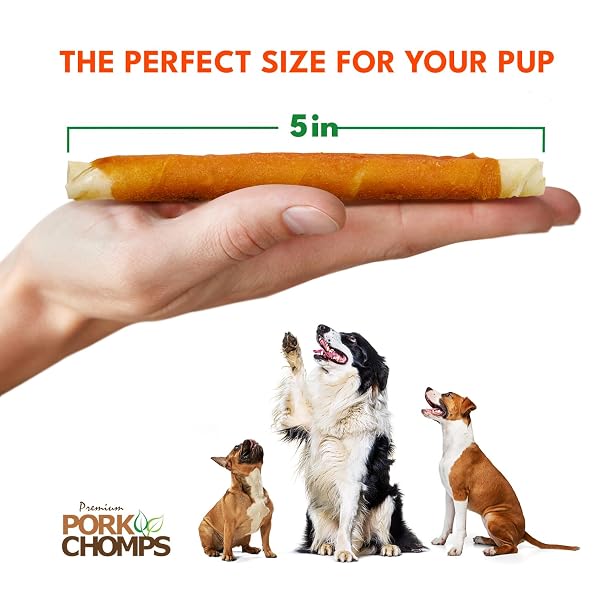 PORK CHOMPS BAKED PORK SKIN DOG CHEWS, 5 INCH MINI TWISTS, 12 COUNT – SWEET POTATO WRAP – LONG-LASTING TREATS FOR DOGS – HIGH PROTEIN, RAWHIDE-FREE, LOW FAT, HEALTHY & DELICIOUS CHEWS