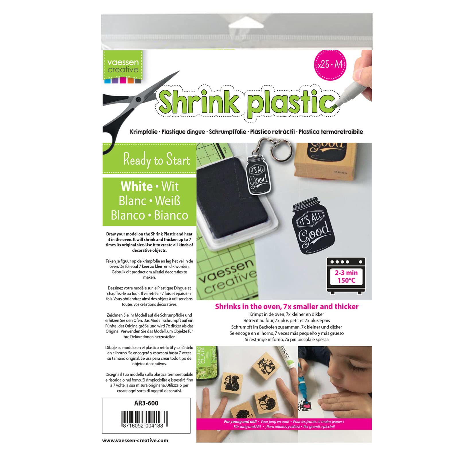 Vaessen Creative Shrink Plastic, White, 25 Sheets, 21 x 30 cm, Fun Arts and Crafts Projects For All Ages,packaging may vary