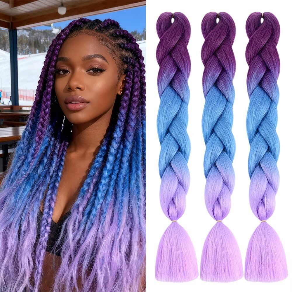 ShowJarlly Box Braid Hair Extensions, 24inch Purple/Navy blue/Light Purple Ombre Jumbo Braid Hair, 3Packs Synthetic Jumbo Braiding Hair Extension Afro Hair Extensions for Braiding Crochet Twist Hair