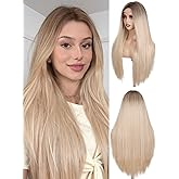 FAVE 26 Inch Ash Blonde Wig,Straight Ombre Wig Blonde Wig for Women Middle Part Long Blonde Wigs High-Resistant Synthetic Wig for Daily Use