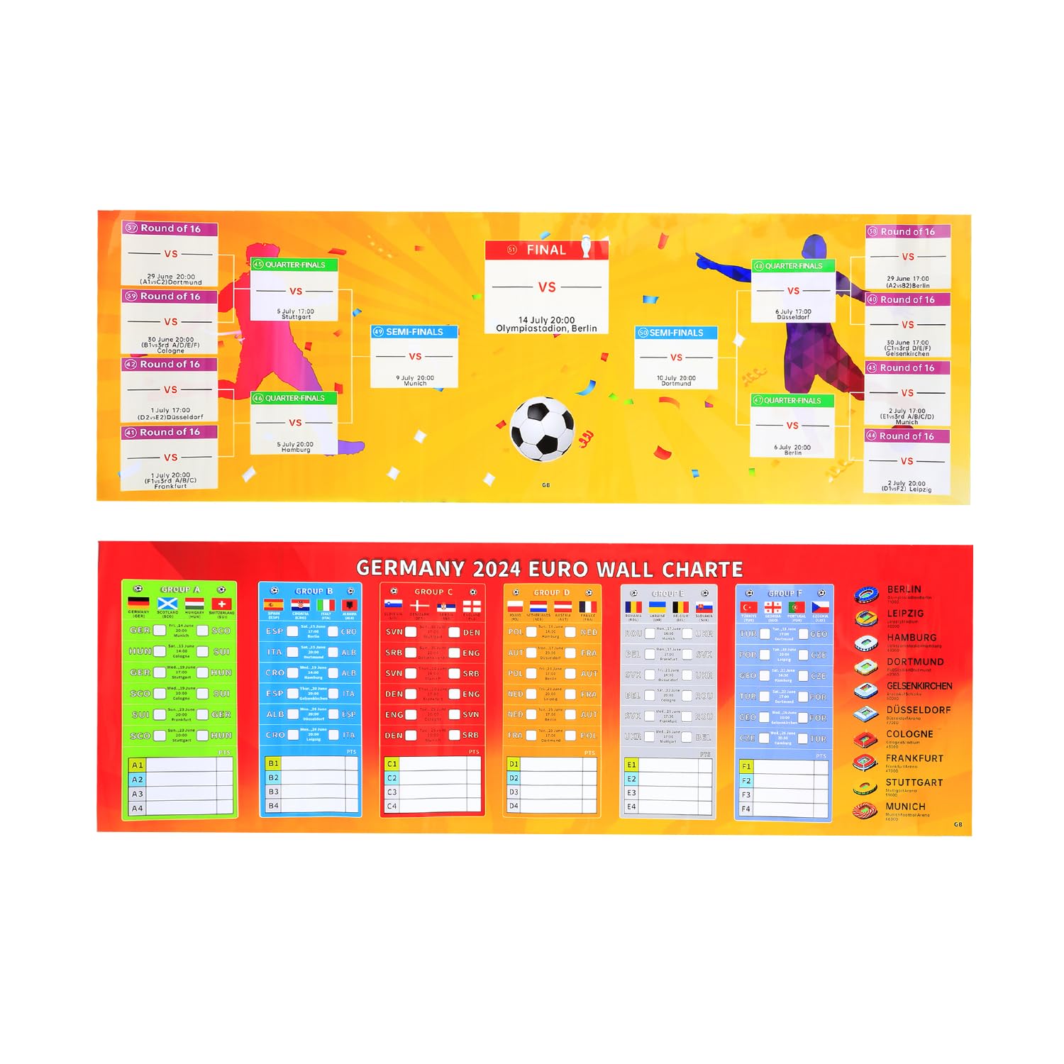 Vanyibro Football 2024 Germany Wallchart Poster Format EURO Cup 2024 Schedule 21 x 63 CM/6.3 x 19 Inch 2 PCS 24 Teams Group Stage and Track All Matches Results (Small Size E)