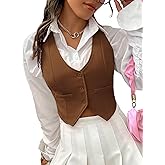 SweatyRocks Women's Solid Button Front Crop Waistcoat V Neck Sleeveless Blazers Vest Tops