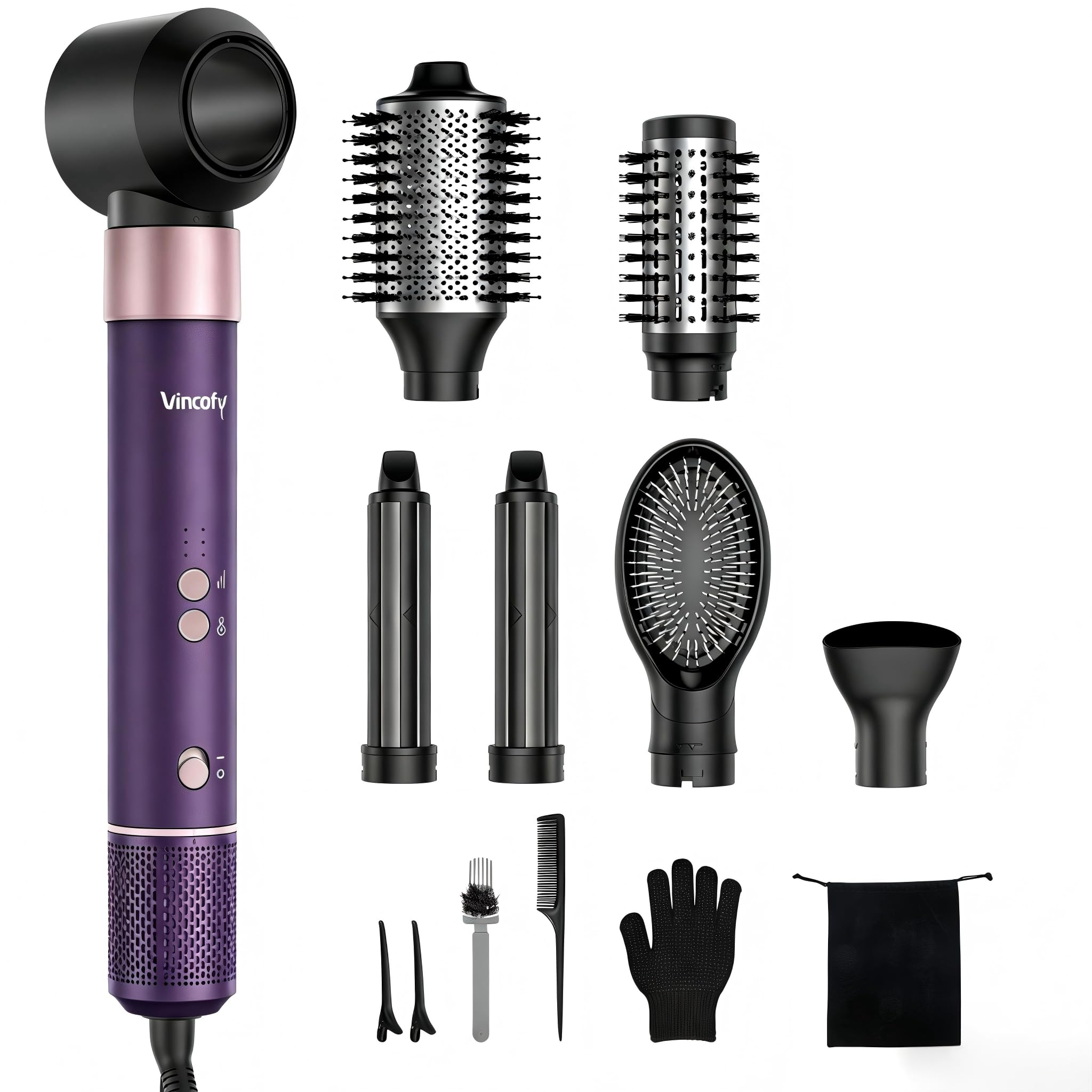 Photo 1 of Vincofy 7-in-1 Hair Dryer Brush and 1500W Hair Styler Set – Fast Drying, Curling, Straightening & Volumizing – Hot Air Styling Tool with No Heat Damage – for All Hair Types –Dark Purple