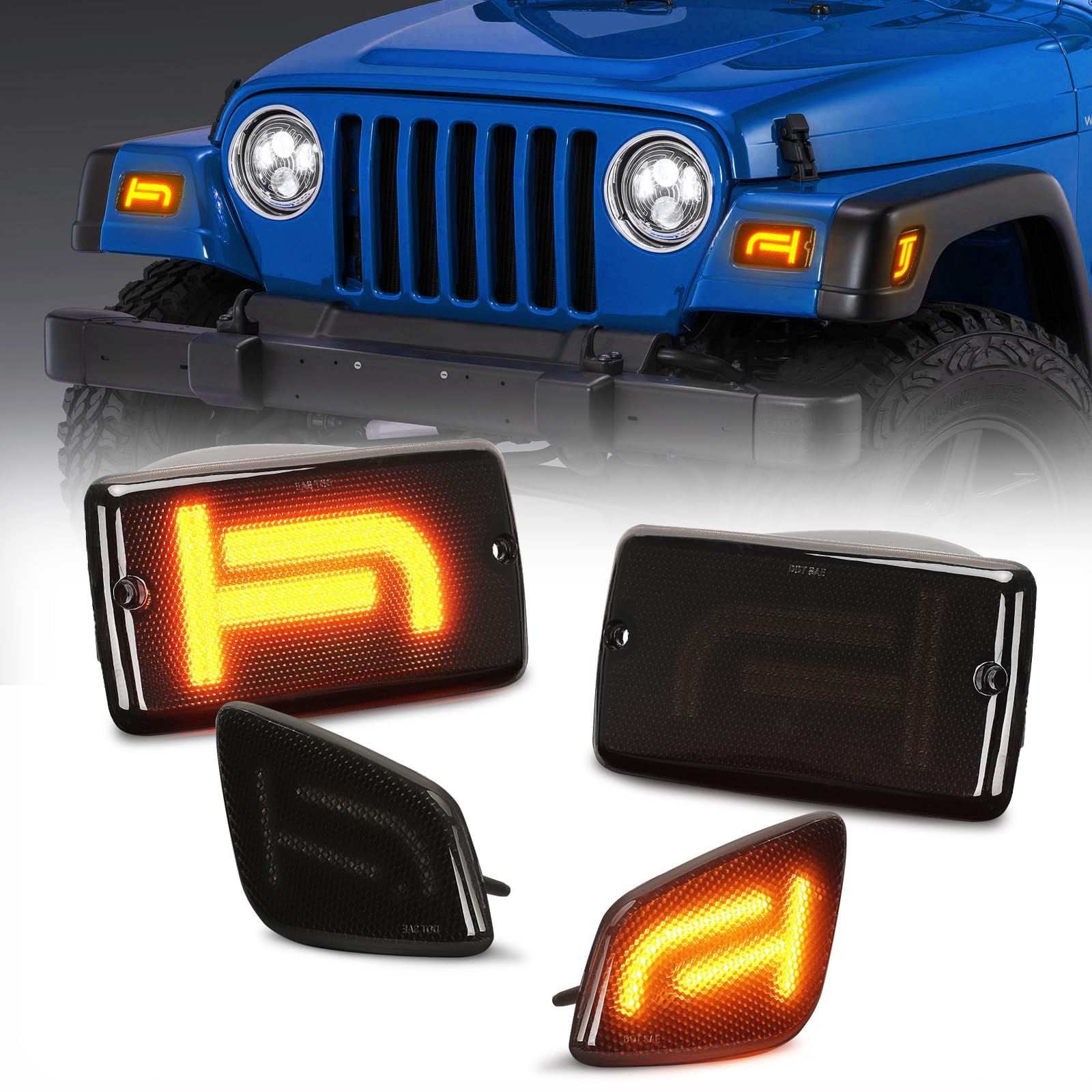 Photo 1 of SUPAREE LED Turn Signal Lights and Side Marker Lights, Amber TJ Shape Compatible with J-eep Wrangler TJ 1997-2006, Smoked Lens Front Turn Signal Lamps Fender Side Markers Assembly, 4PCS