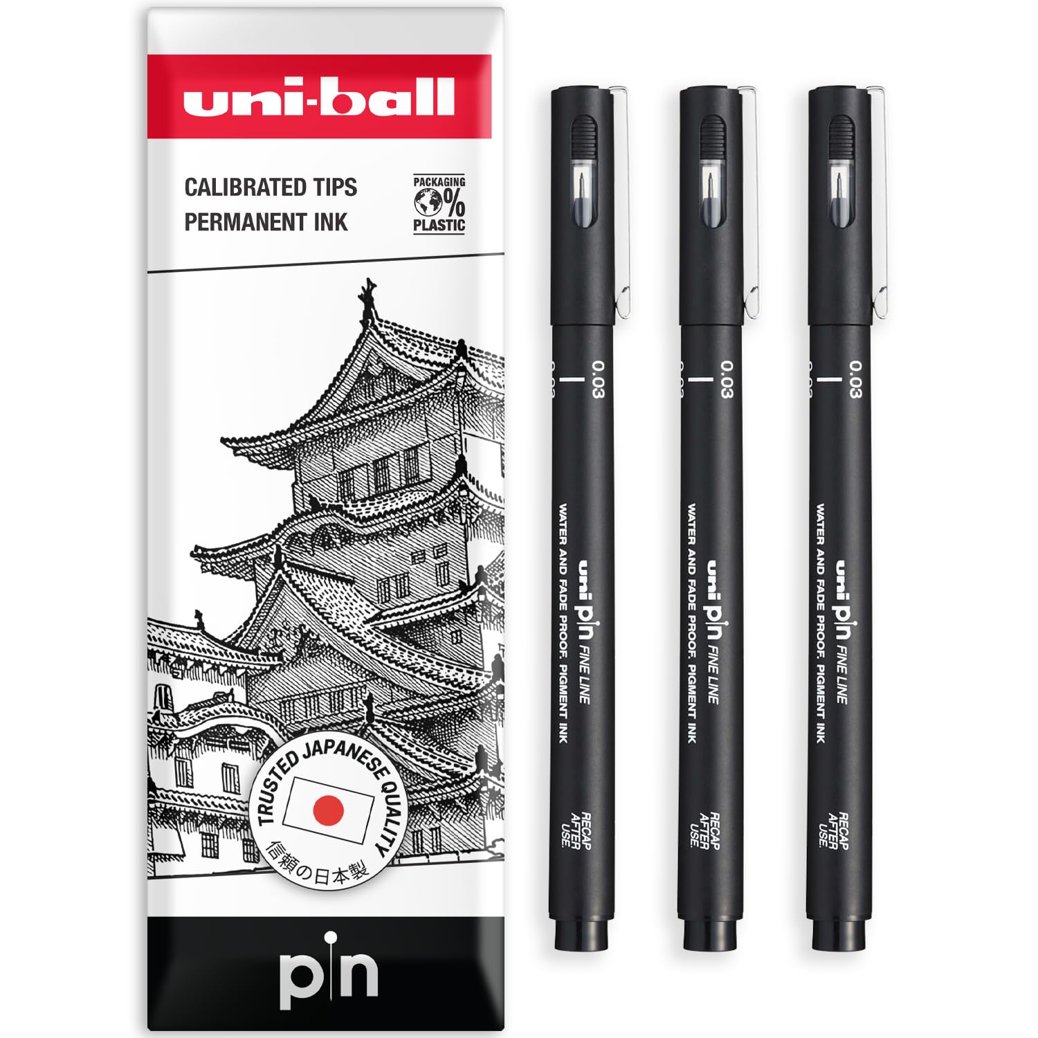 uni-ball PIN Fineliners | Black Fine Tipped Writing Pens | Water & Fade Resistant Ink | Ideal for Sketching, Scrapbooking, Outlining, Art, Technical Drawing | In Envelope Gift Bag (Pack of 3, 0.03mm)