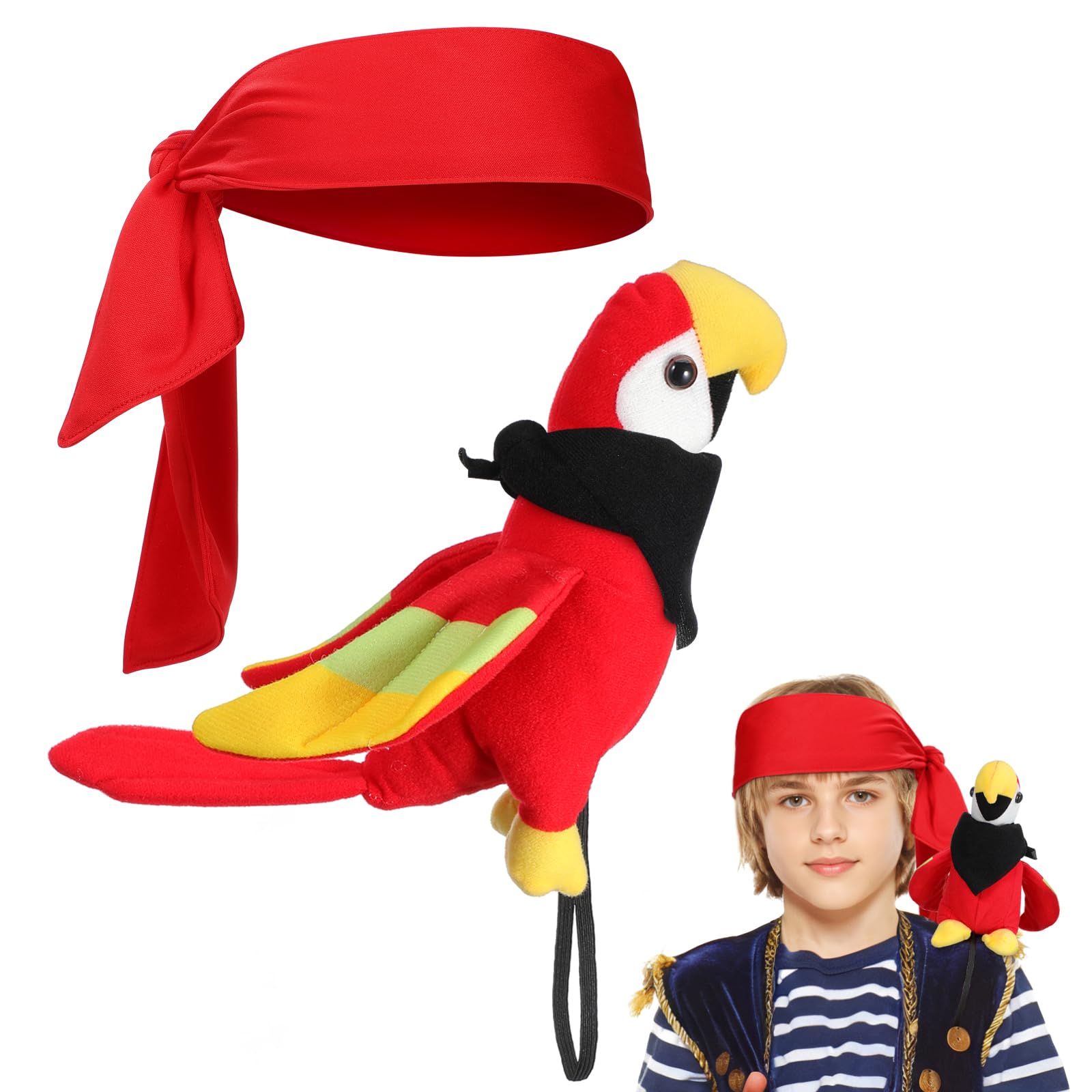 JOINPAYA Pirate Parrot Shoulder Prop with Bandana 3Pcs Lightweight Plush Parrot Costume Accessory for Halloween Party Role Play