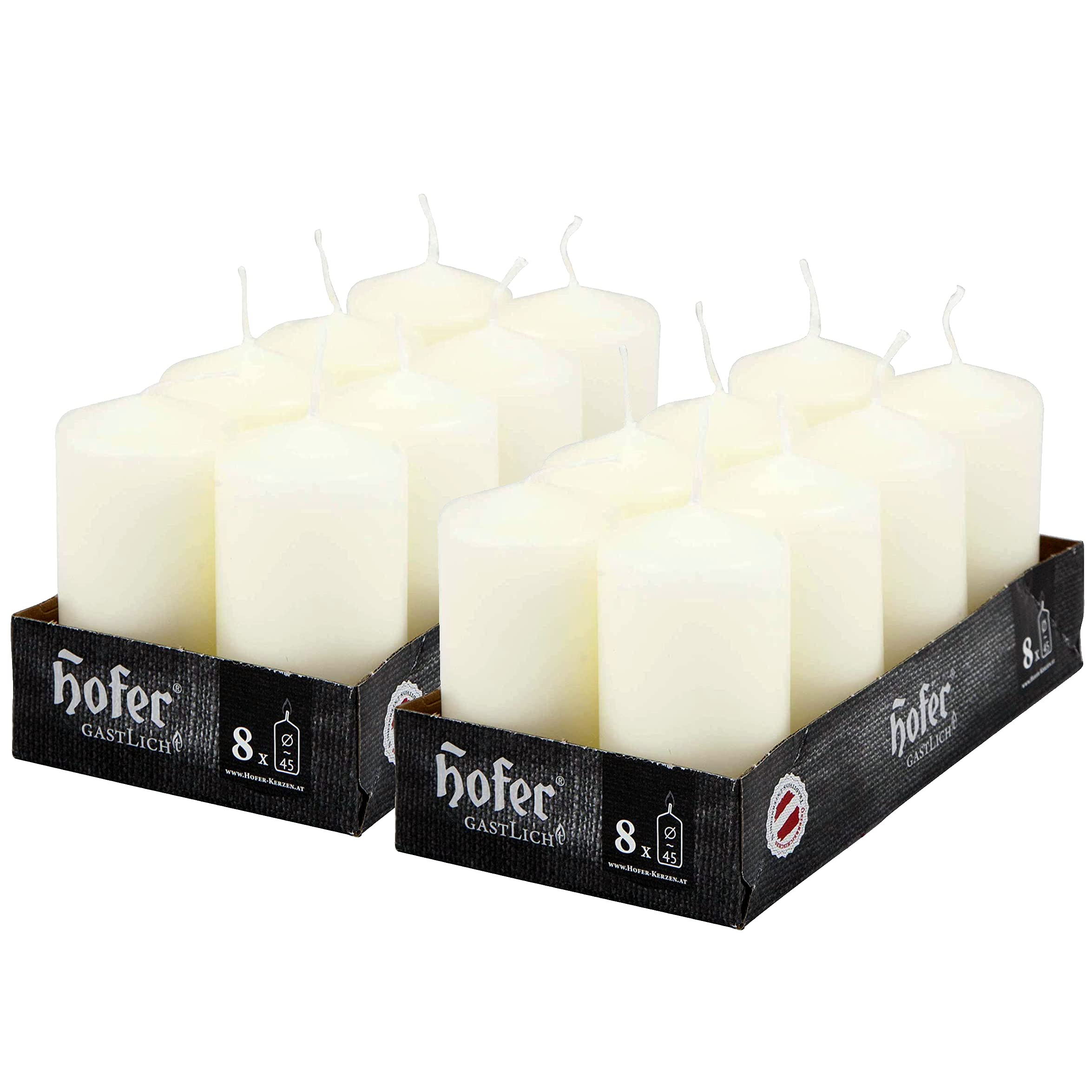 Hofer Small Pillar Candles - Set of 16 Unscented Ivory Candles in Bulk - 4,5 x 9 cm - 15 Hours Long Lasting Decor Candles - Non Drip Wax - Smokeless Wick - RAL Quality - Made in Austria