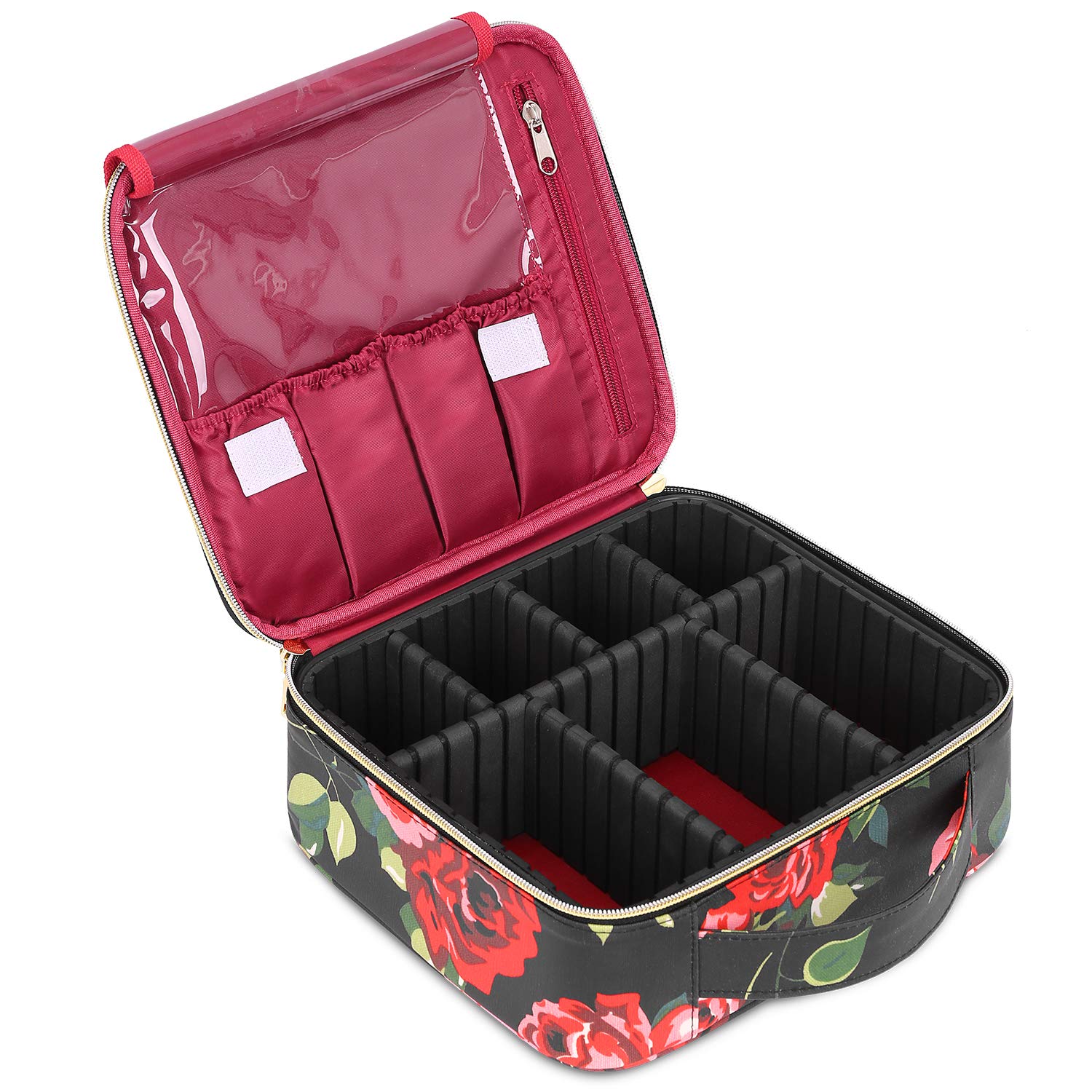 UTOTEBAG Makeup Bag Travel Cosmetic Case Professional Train Case Cute Make Up Storage Organizer with Hard Shell, Brush Slots, Removable Inserts for Women Girls,Rose