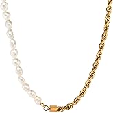 Half Pearl Half Chain Necklace, 18K Gold Plated Stainless Steel Twisted Rope Chain, Freshwater Pearl Stack, Vintage Style Hypoallergenic Necklace for Women