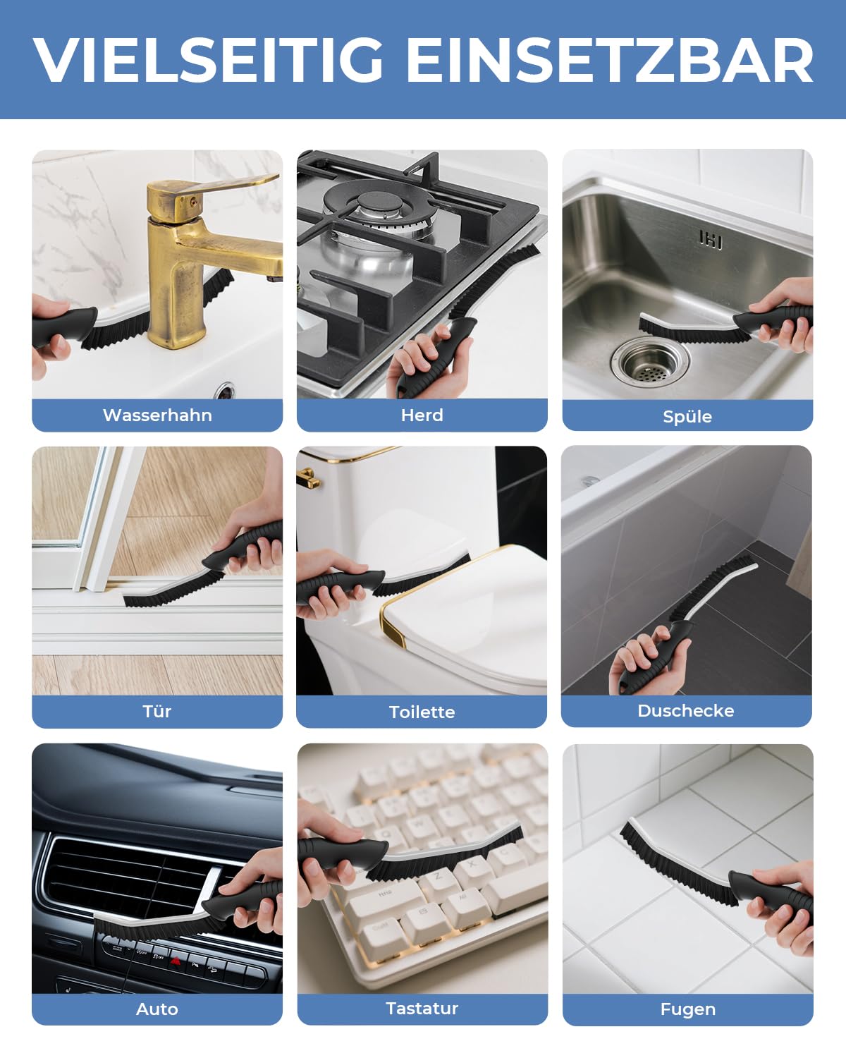 Cleangor Fugenbürste mit Zahnborsten, Hartborsten Ecken Reinigungsbürste, Crevice Cleaning Brush für Bad Fliesen Dusche Küche Toilette | Schmales Design für Ritzen & Fuge (3, SCHWARZ) 8
