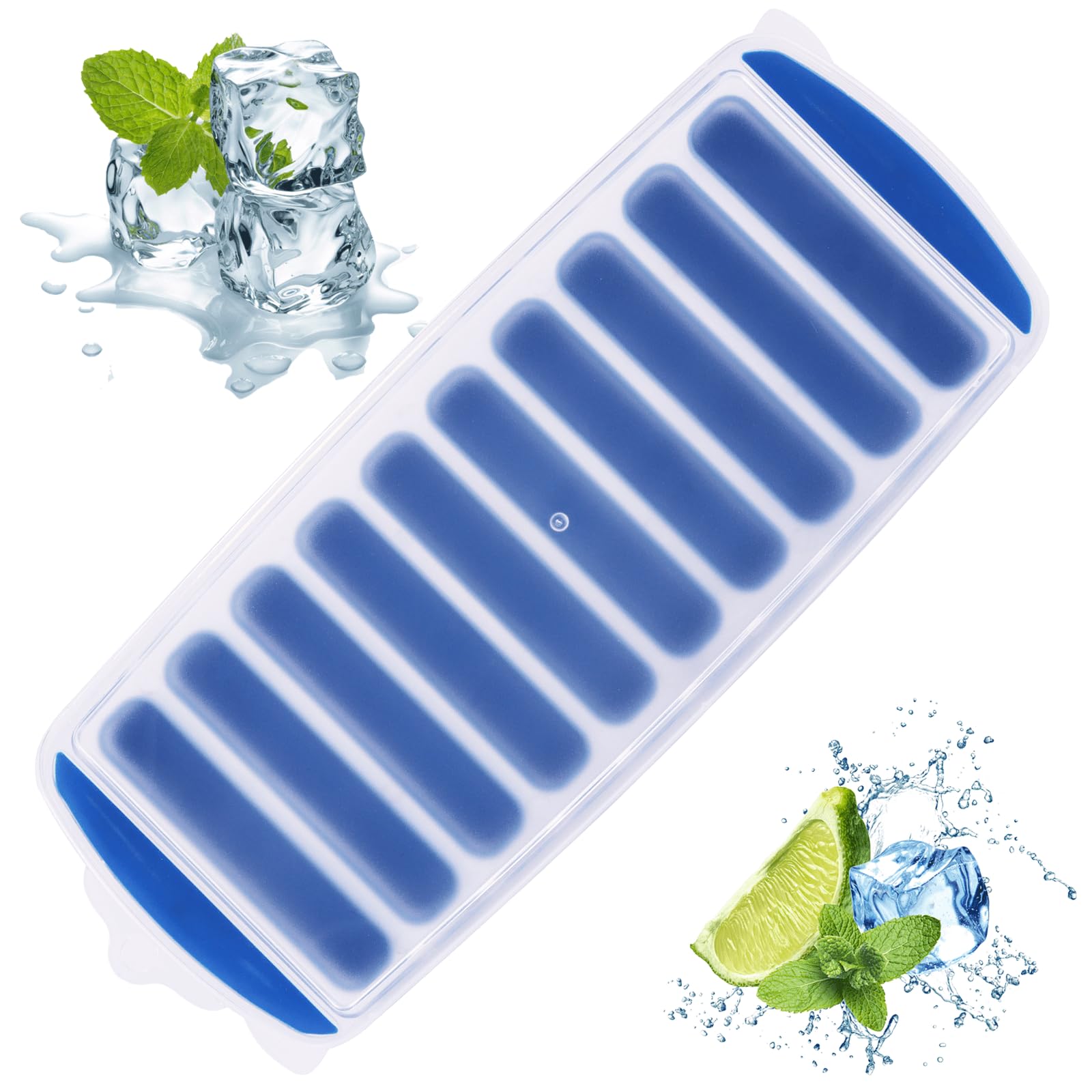 QIUWORE Ice Cube Tray, Ice Cube Tray with Lid, Silicone Ice Cube Tray, Bottle Ice Cube Trays, for Sports Drinks and Water Bottles Whiskey Cocktails (Blue)