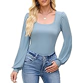 Womens Puff Long Sleeve Tops Square Neck Ribbed Knit Slim Fit Blouse Basic Tee Tops Elegant T Shirts