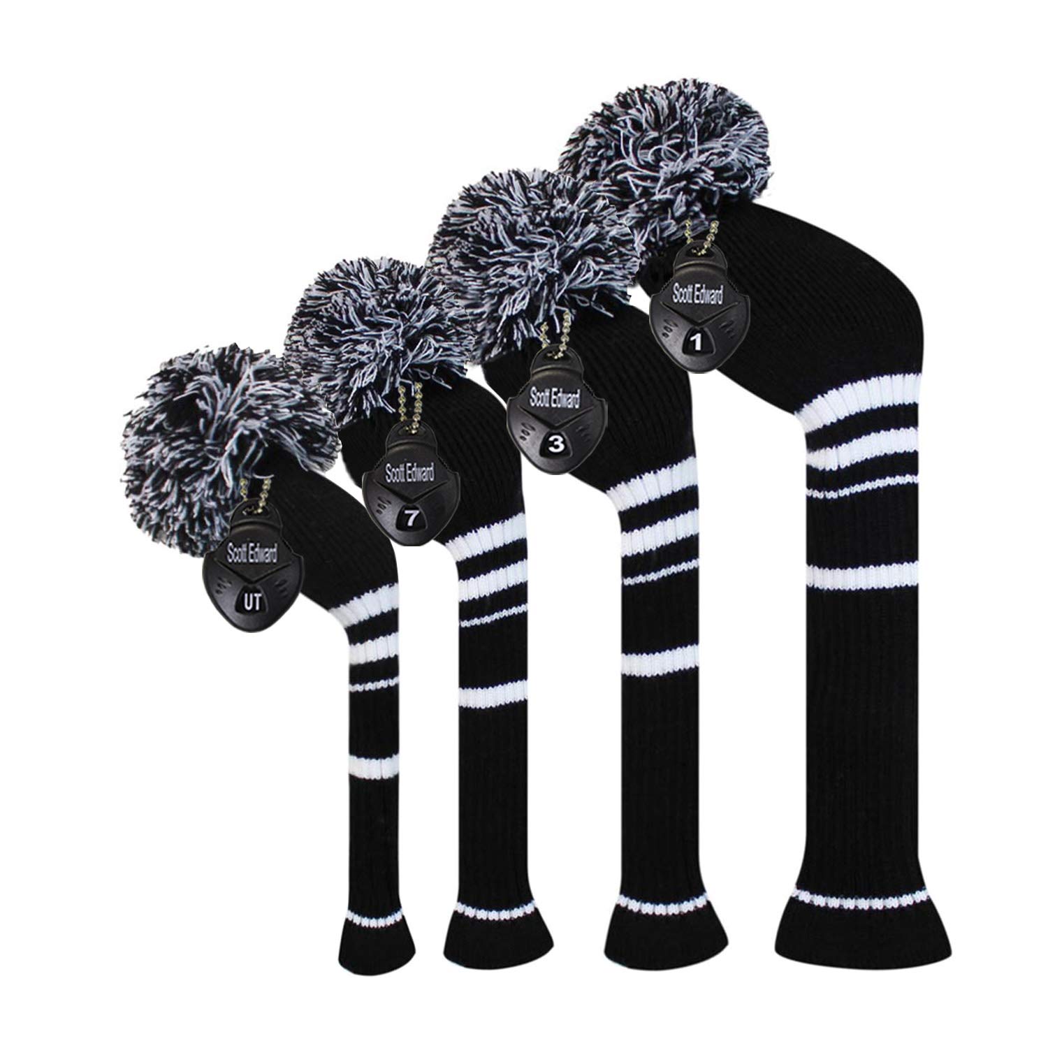 Scott Edward Knit Golf Headcovers for Wood 4 PCS Packed,Fit Driver Wood, Fairway Wood and Hybrid/UT, Long Neck,Big Pom Pom, for Men/Women (Black White Stripes)