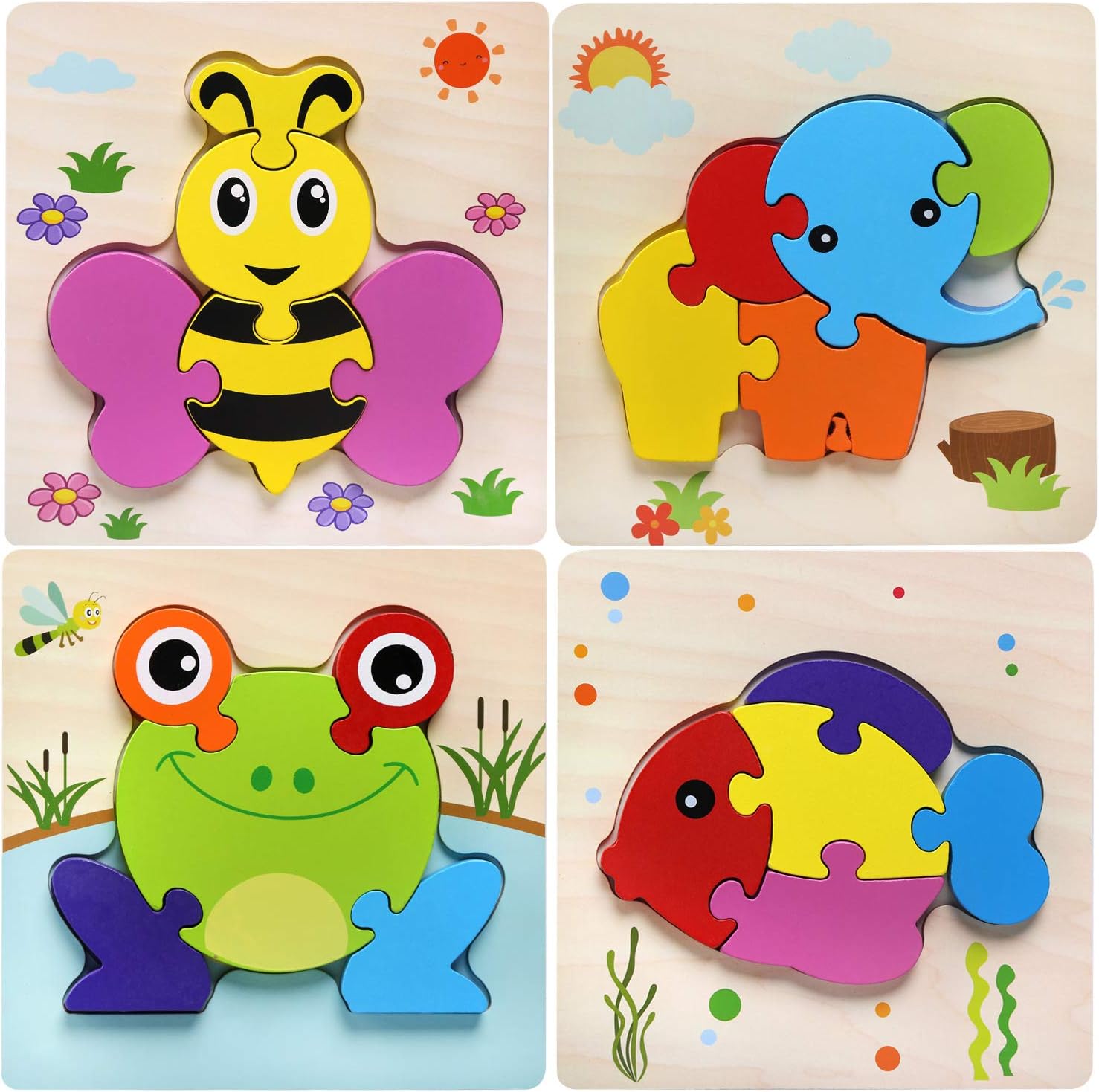 Felly Wooden Toys - 4 Pack Jigsaw Puzzles for Toddlers 1 2 3 Years Old, Boys & Girls Educational Montessori Toys Gift with 4 Animals Patterns, Bright Vibrant Color Shapes of Animal - Image 3