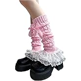 RoseSeek Women's 1 Pair Y2K Bow Front Lace Trim Leg Warmers Ribbed Knit Over Knee Pile Leg Warmers Long Socks