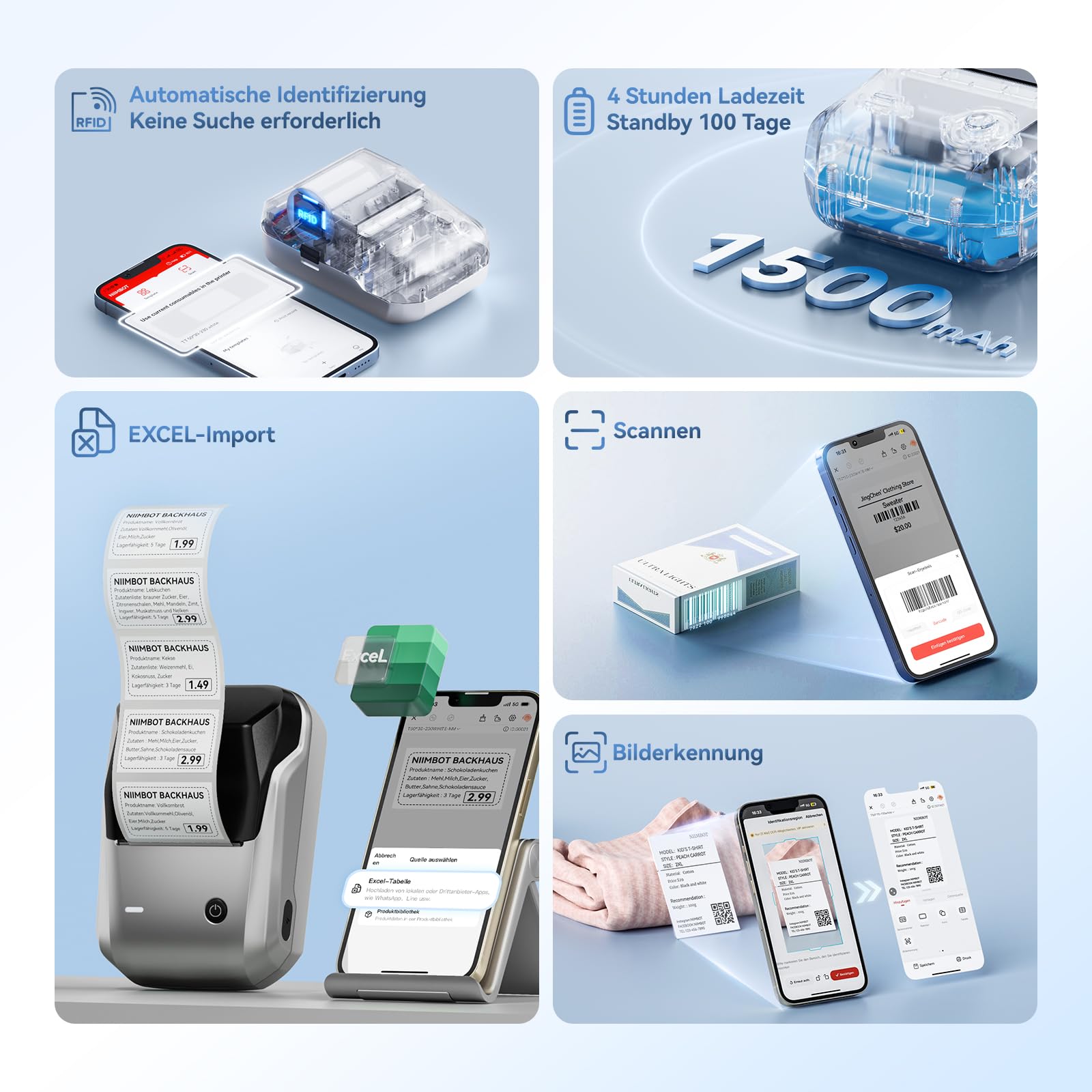 NIIMBOT B1 Etikettendrucker mit Wasserfeste Etiketten Selbstklebend, Tragbarer Beschriftungsgerät Bluetooth Label Printer Aufkleber Drucker für Barcode, Schulbedarf, Logo, Adresse, Silber 7