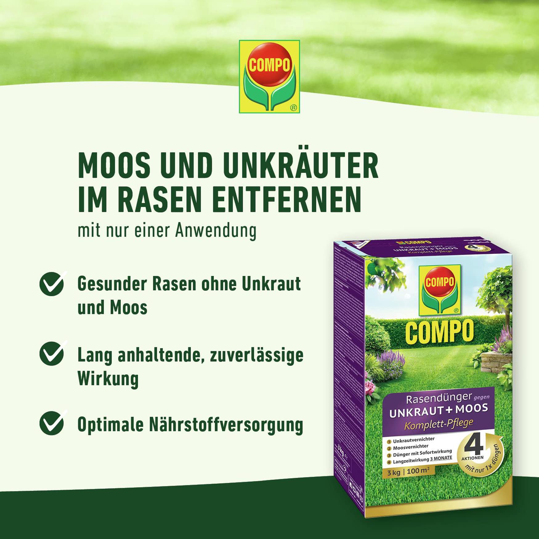 COMPO Rasendünger gegen Unkraut + Moos Komplett-Pflege Rasendünger mit Unkrautvernichter, Moosvernichter, 3 Monate Langzeitwirkung 9 kg, für 300m² 2