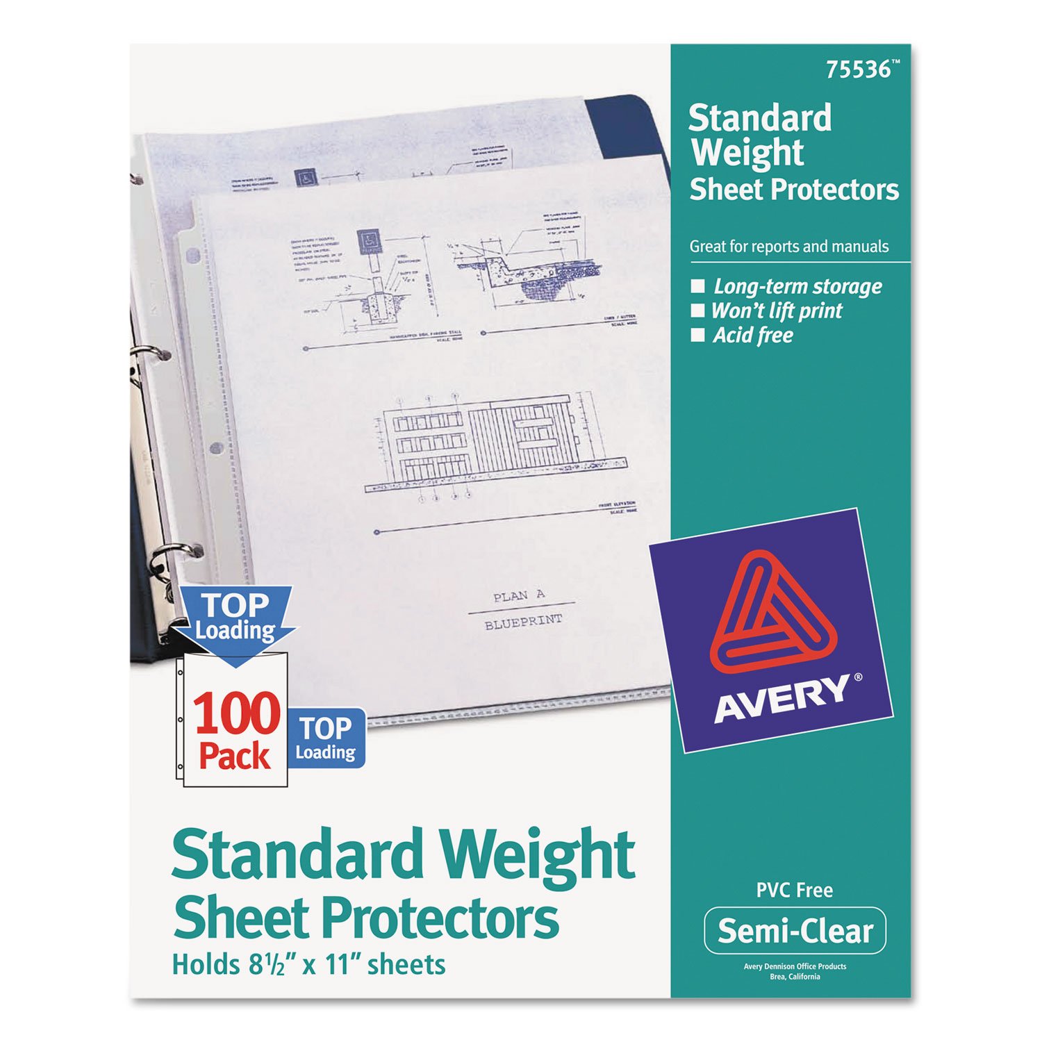 Avery Semi-Clear Standard Weight Sheet Protectors, Top Load, 100 Document Protectors (75536)