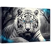 ARTZGX White Tiger Canvas Wall Art Bengal Tiger Picture Print Black and White Wild Animal Painting for Bedroom Decor Framed (12.00" x 18.00")