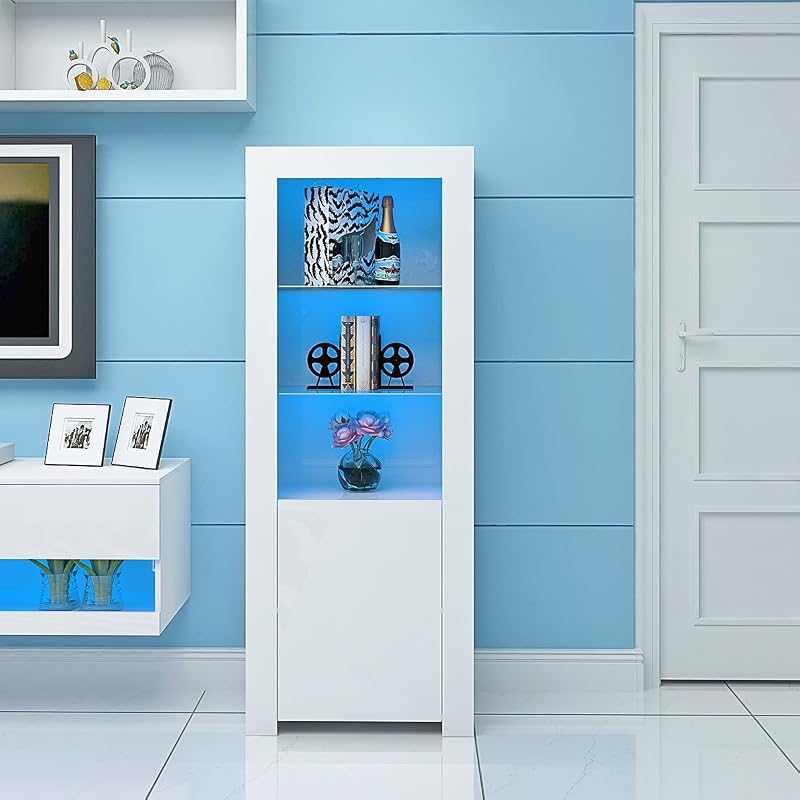 Panana High Gloss Tall Display Cabinet White with Blue LED Lights 160cm