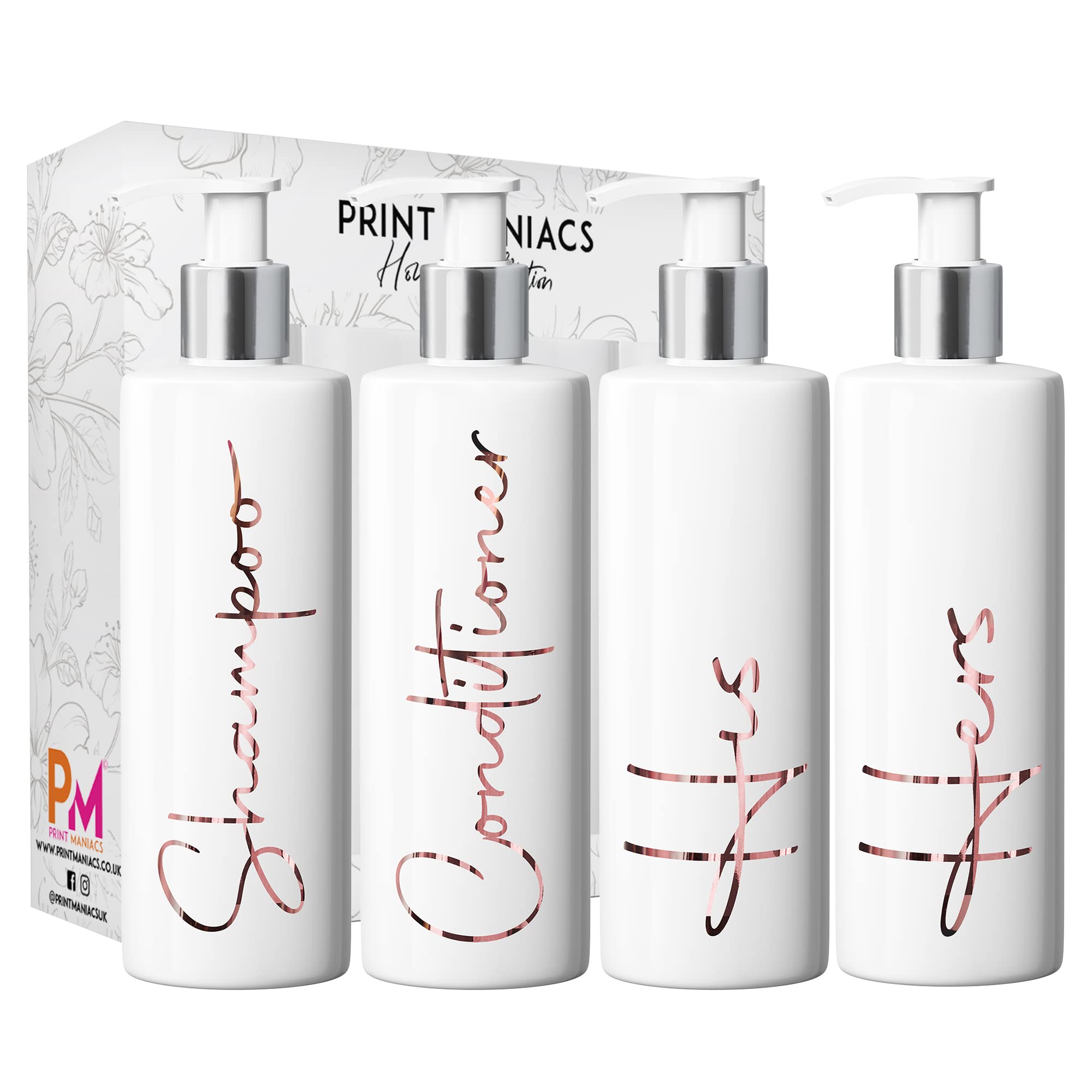 Print Maniacs White Mrs Hinch Inspired Personalised 500ml Pump Bottles Bathroom Lotion Kitchen Set Shampoo Conditioner (Set 4 His Her, F2 ) (Rose Gold)
