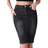 CIMUK Women's Denim Skirt High Waist Raw Hem Pockets Stretch Bodycon Pencil Skirt Knee Length Jean Skirts