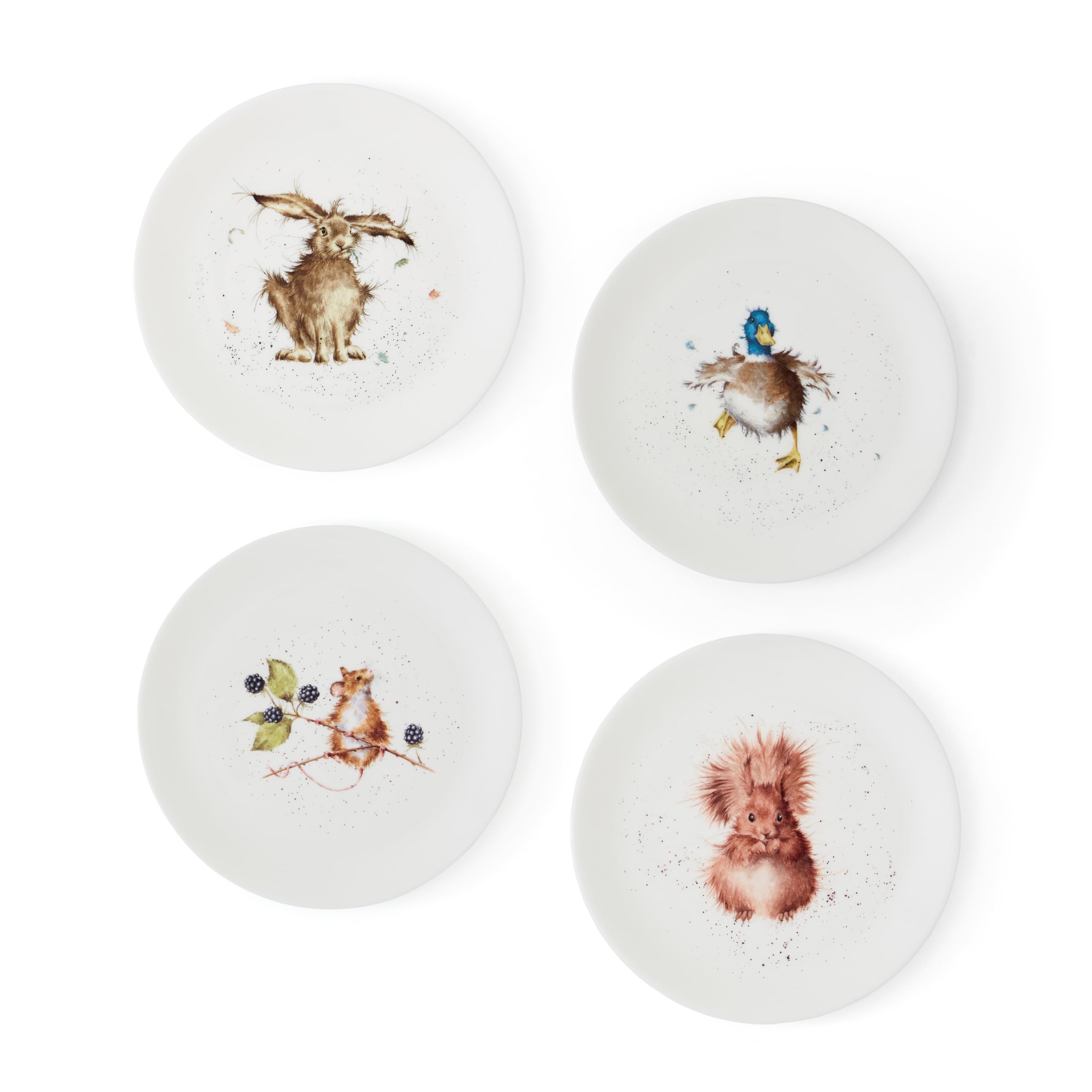 Royal Worcester x Wrendale Designs Set of 4 Assorted Coupe Plates with Charming Animal Designs by Hannah Dale, Fine Bone China White Plates, Suitable for Everyday Dining or Picnics, 20cm